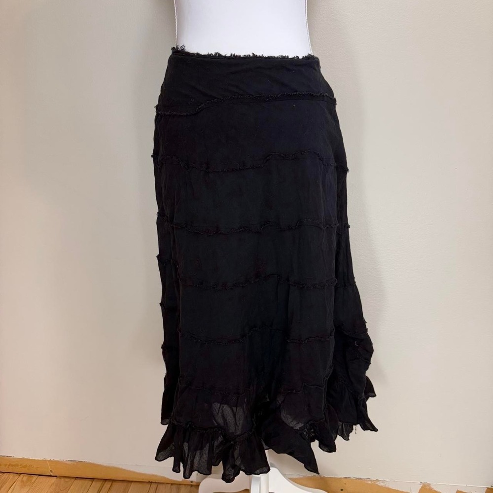 Wet Seal Ruffle Frayed Black Midi Skirt Womens S (P) Whimsigoth Witchy Y2k